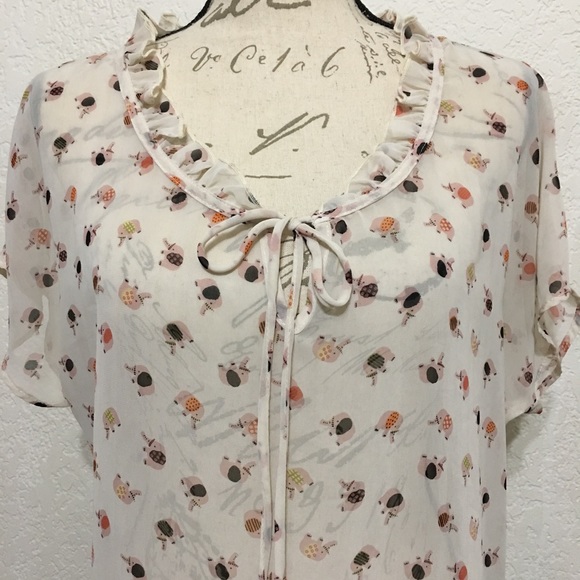 EVERLY FLOWY RUFFLE NECK ELEPHANT PRINT SHEER TOP - Picture 4 of 8